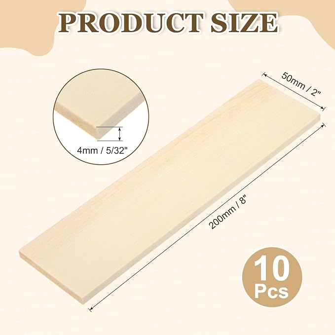 MECCANIXITY 10Pcs Wood Strips Slats, 5/32" x 2" x 8" Thin Wood Sticks Flat
