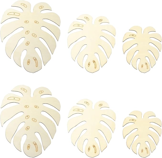 6 pcs 3 Styles Monstera Leaf Theme Unfinished Wood Cutout Charms Tropical Plant