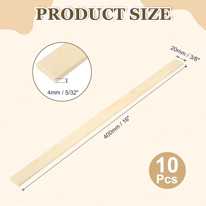MECCANIXITY 10Pcs Wood Strips Slats, 5/32" x 7/8" x 16" Thin Wood Sticks Flat