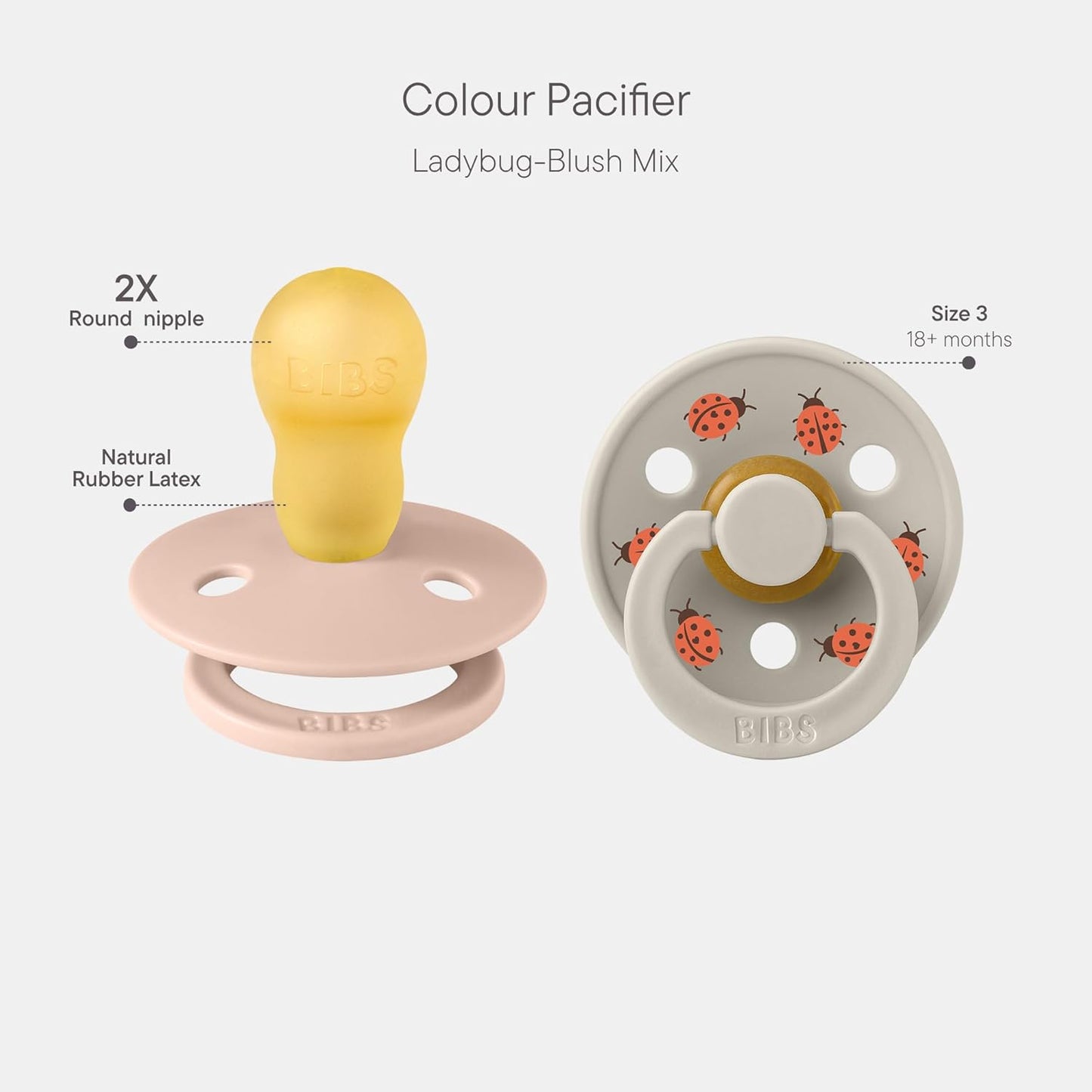 BIBS Studio Soother 2-Pack, BPA Free Dummy Pacifier, Round Nipple. Natural Rubber Latex, Made in Denmark, Size 3 (18+ Months), Blush/Sand
