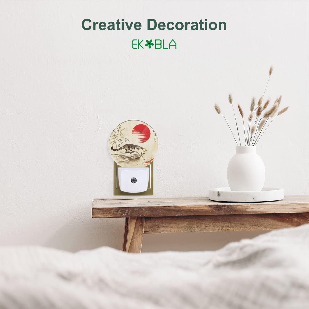 EKOBLA Fish in Pond LED Night Light Red Sun Bamboo Branch Cute Cat Play with Fish Dusk to Dawn Plug-in Nightlights Auto Sensor for Home Indoor Bathroom Hallway Kitchen