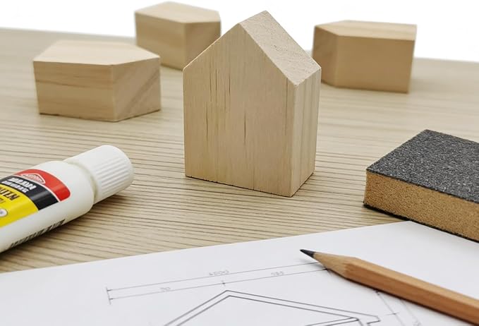 8Pcs 4 Sizes Birch Wood House Blocks, Dual Arrow Cutout Trays, Unfinished
