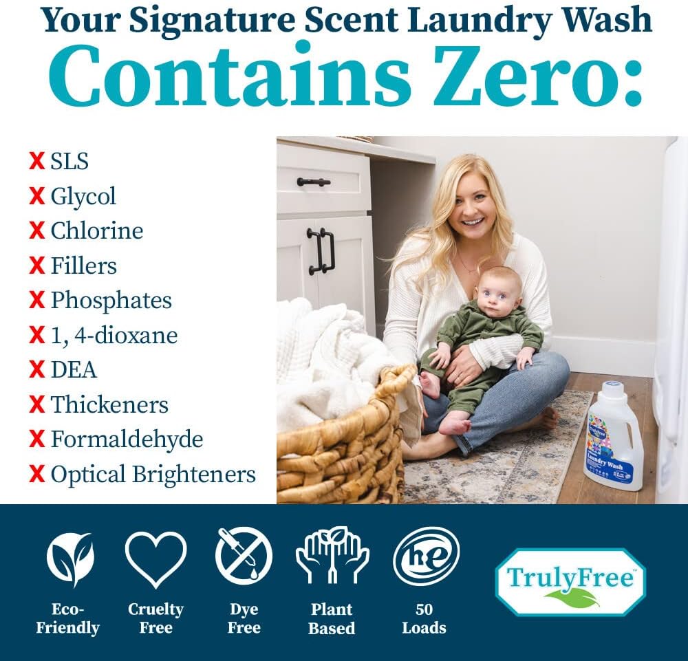 Truly Free Natural Laundry Detergent for Sensitive Skin | Eco Friendly, Plant Based, Baby Clothes Safe | Clean & Easy Powder to Liquid, 6 Pack Refill Detergent, NO Jug | Signature Scent, 300 Loads