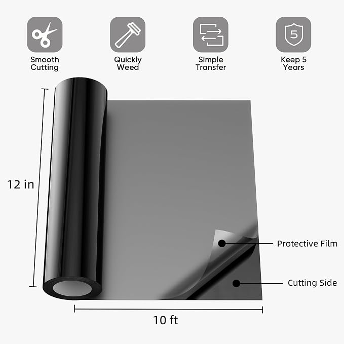 Black Permanent Vinyl for Cricut Cutting Machine, Waterproof, Durable Black