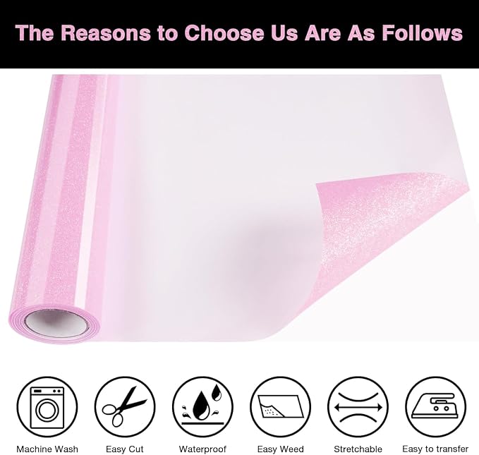 Pink Glitter HTV Heat Transfer Vinyl Roll 12inch x 10 ft