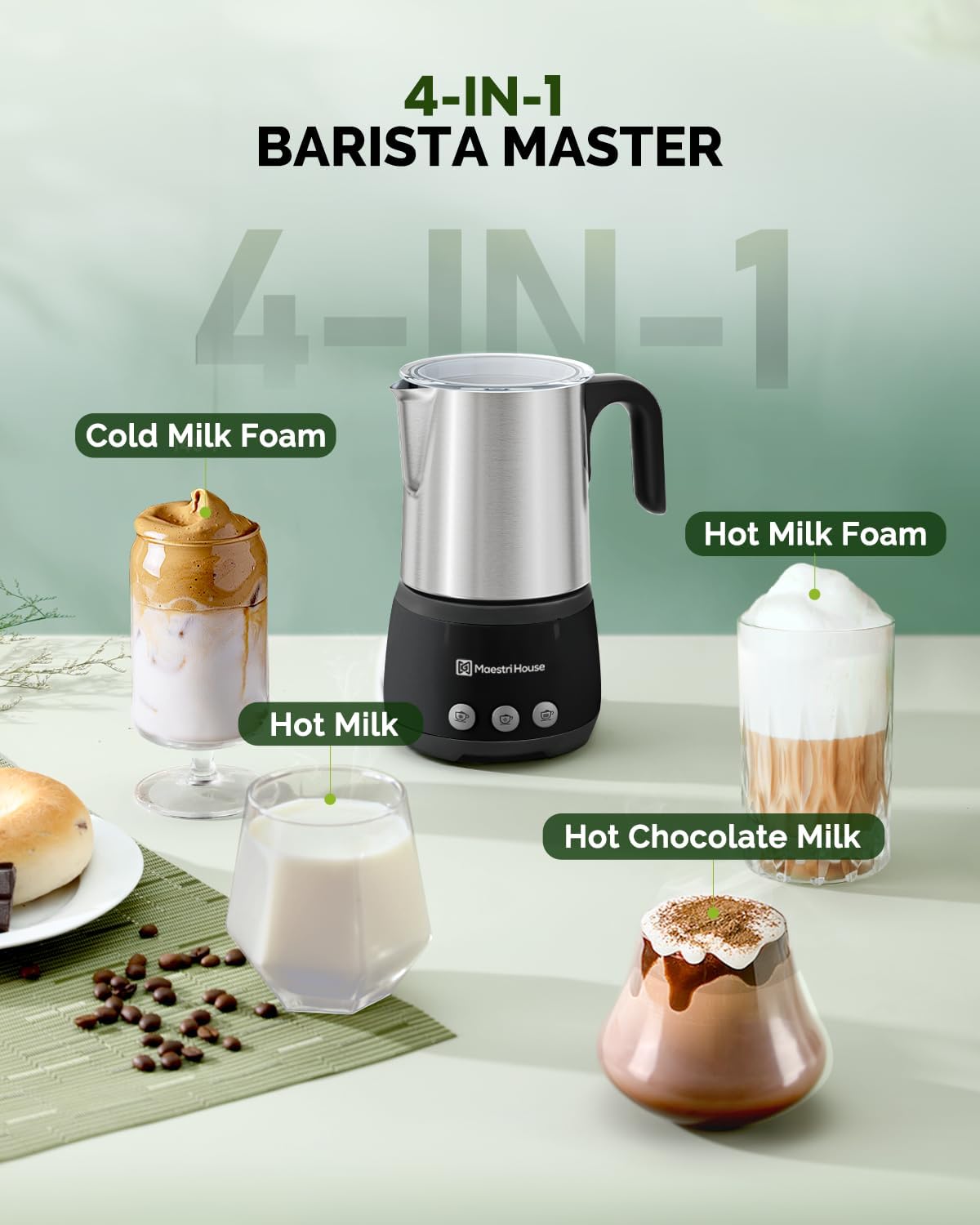 Maestri House Milk Frother, 4-in-1 Electric Milk Steamer and Frother, 16.9OZ 600W Smart Touch Control Hot and Cold Foam Maker, Memory Function for Latte, Cappuccinos, Warm Milk, Hot Chocolate Milk
