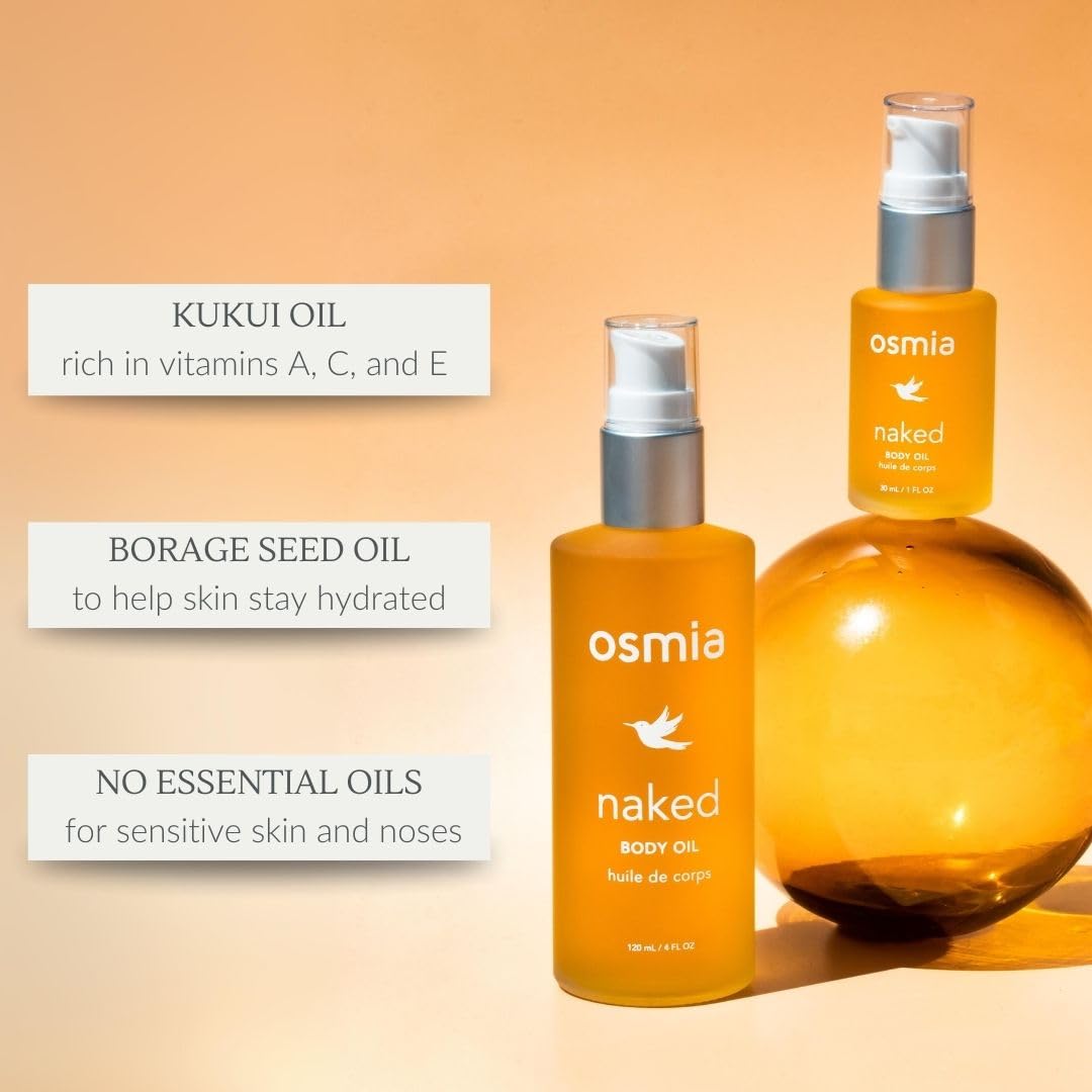 Osmia Skincare - Natural Naked Body Oil | Rosehip, Borage, + Sweet Almond Oils | Soften, Smooth, Nourish | Clean Beauty For Healthy Skin (1 fl oz | 30 ml)