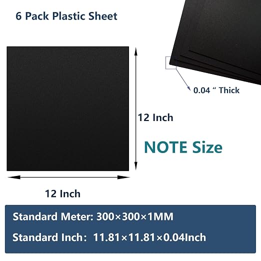 6 Pack Black Plastic Sheet 12x12x0.04 in Flexible High Tensile Plastic Sheets