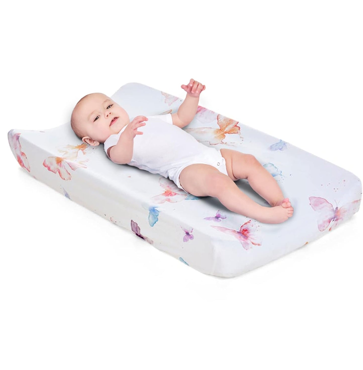 Oilo Changing Pad Cover, Breathable 100% Turkish Cotton Fitted Jersey, 300 Thread Count, Machine Washable, Fits Standard Changing Pads (32" x 16"), Girl, Boy, & Neutral Nursery Design, Butterfly