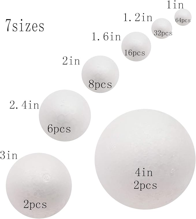 129 Pack Craft Foam Balls, 7 Sizes Including 1-4 Inches, Foam Balls