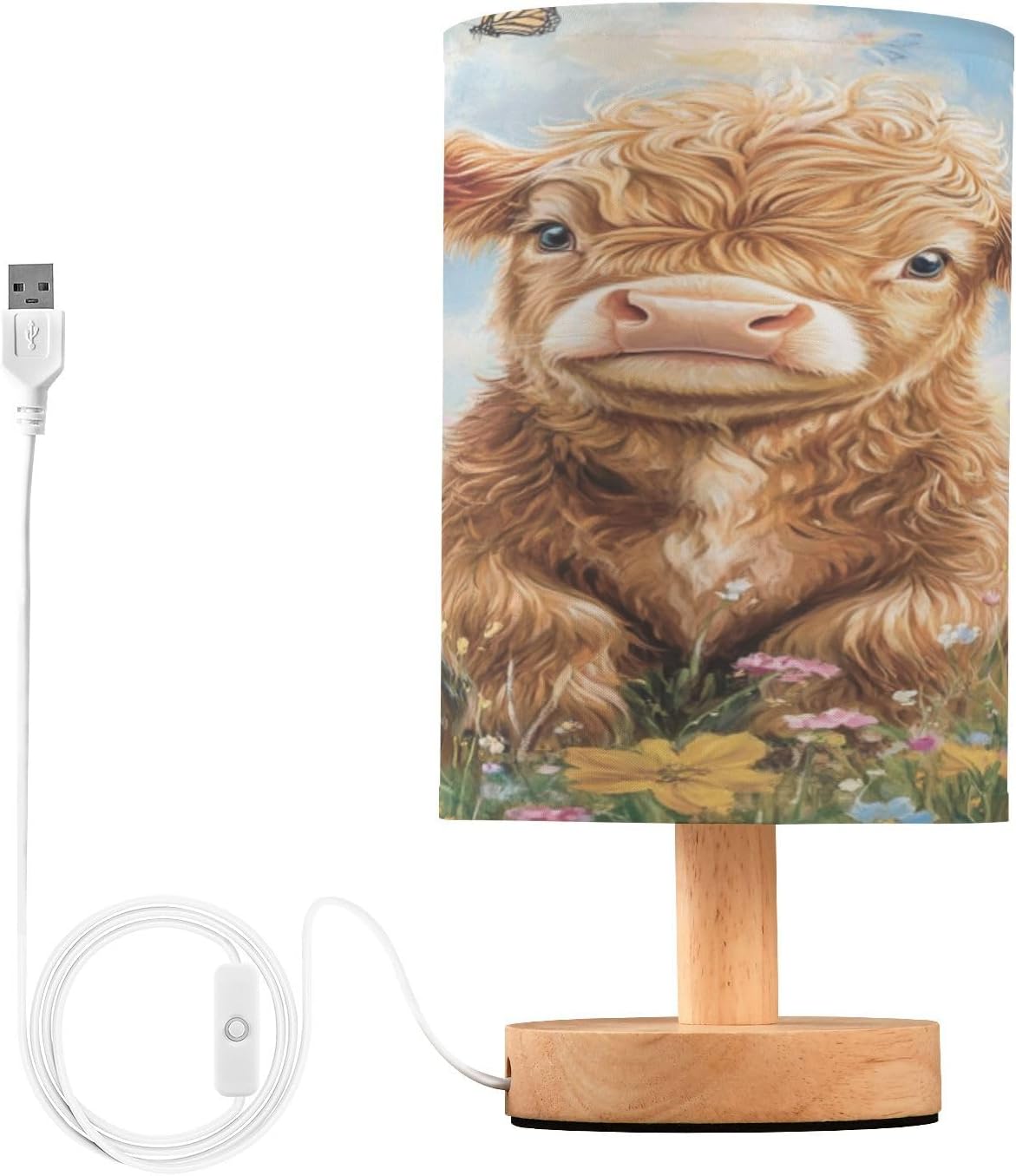 Highland Cow Flowers Table Lamp Bedroom Bedside Night Reading Desk Lamps Cylinder Nightstand Sleeping Light Lamp for Kids Living Room Office Decor