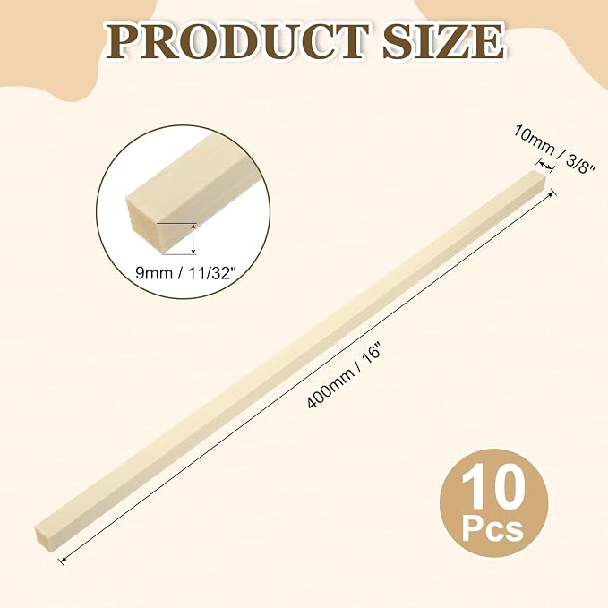 MECCANIXITY 10Pcs Wood Strips Slats, 11/32" x 3/8" x 16" Thin Wood Sticks Flat