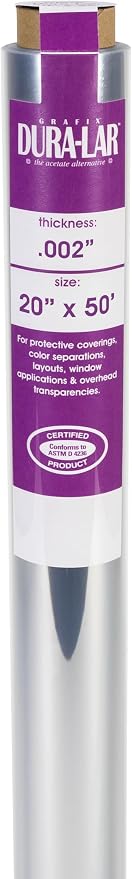 Grafix Dura-Lar 0.002" Film, Ultra Clear, Glossy 20" x50', Mylar/Acetate