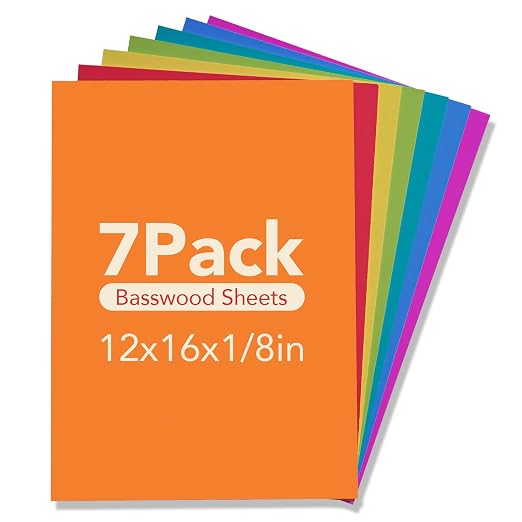 Rowood Colored Plywood Sheets for Laser Cutting, 7 Pack 3mm Thin Unfinished