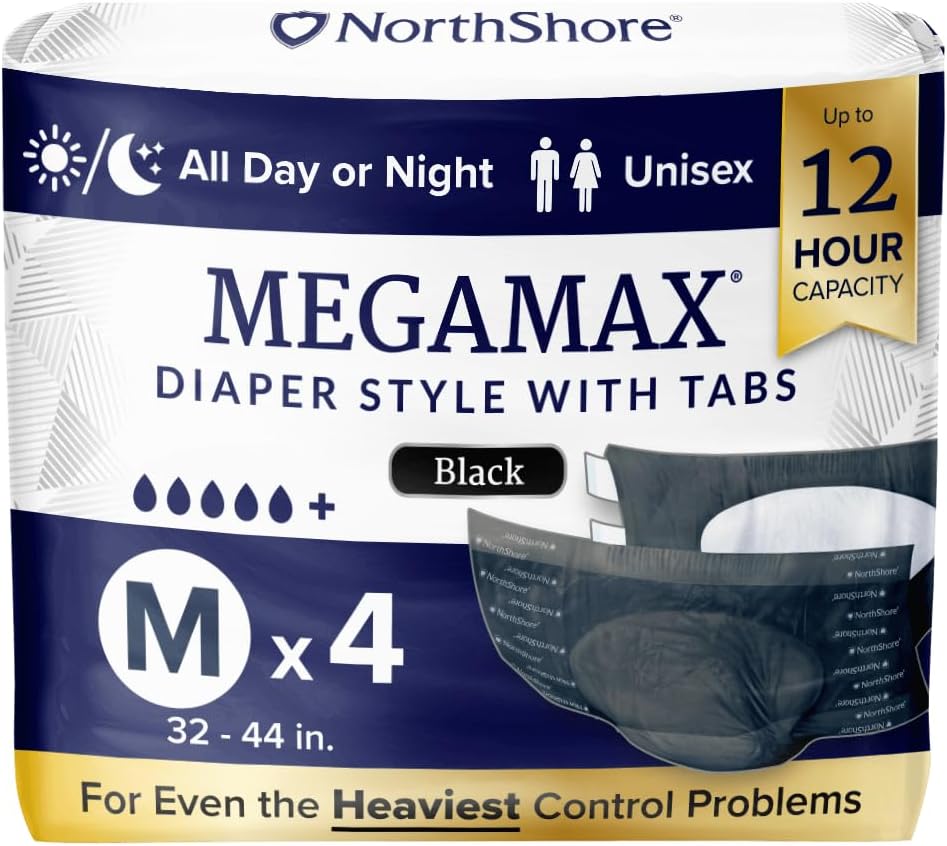 NorthShore MegaMax Adult Overnight Diapers, 12-Hour Tab-Style, Medium, 4 Count Starter Pack, Black, 32-44 inches, Unisex Incontinence Underwear