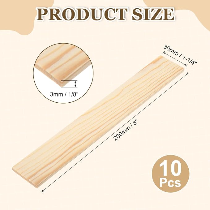 MECCANIXITY 10Pcs Wood Strips Slats, 1/8" x 1‑1/4" x 8" Thin Wood Sticks Flat