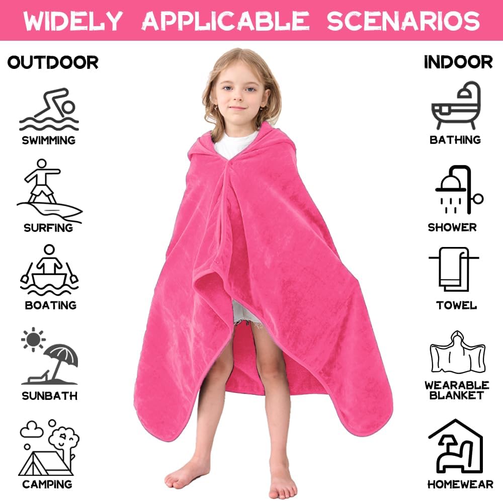Hiturbo Kids Hooded Bath Towel: 100% Cotton Soft Thick Absorbent Towels Wrap - 50"x30" Shower Beach Pool Wearable Blanket for 3-12 Yrs Boys Girls - Pink