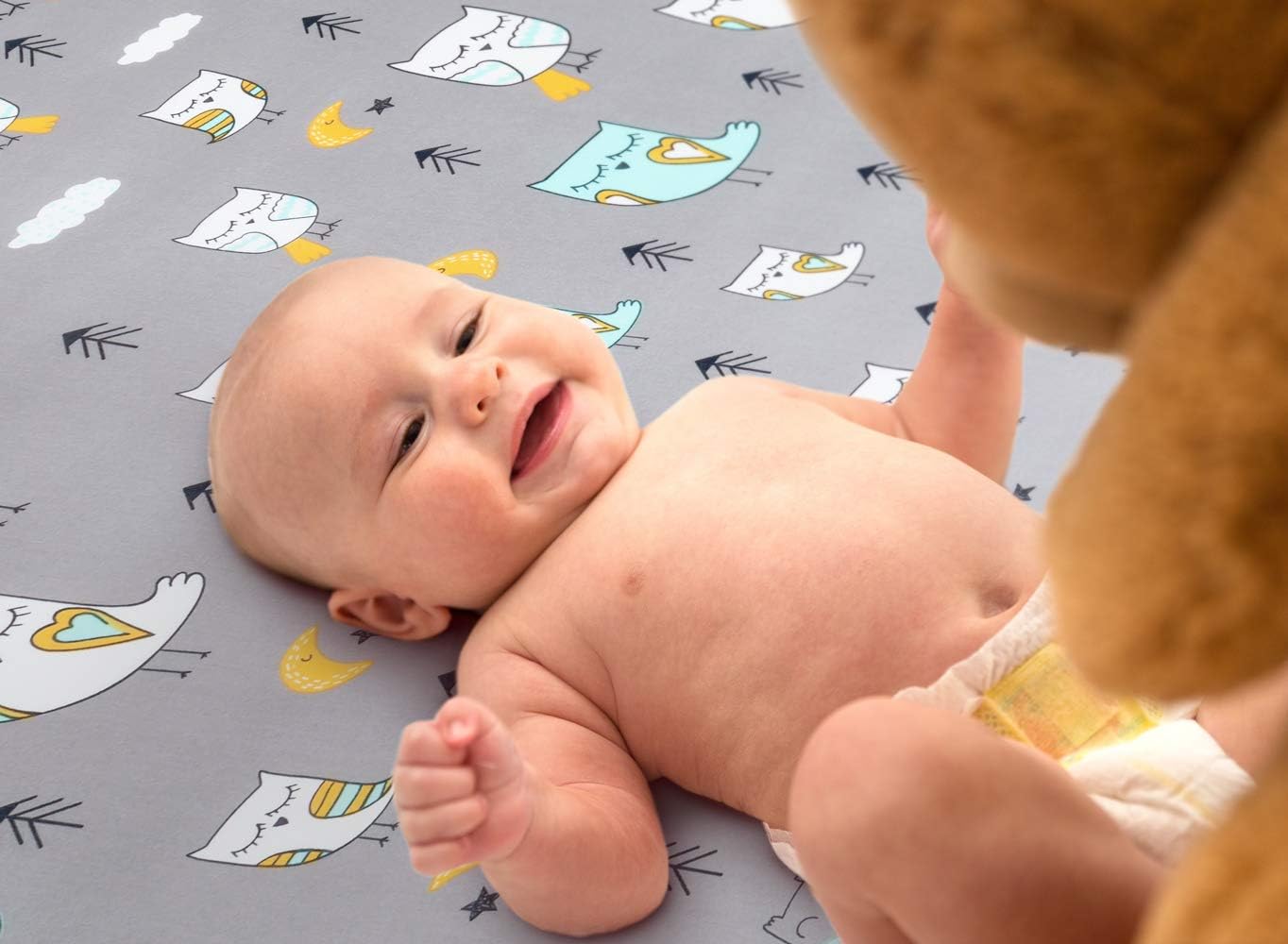 Pack n Play Sheets, BROLEX 2 Pack Mini Crib Sheets,Stretchy Portable Fitted Playard Sheet Set, Convertible Playard Mattress Cover,Ultra Soft Breathable Material,Owl & Bear