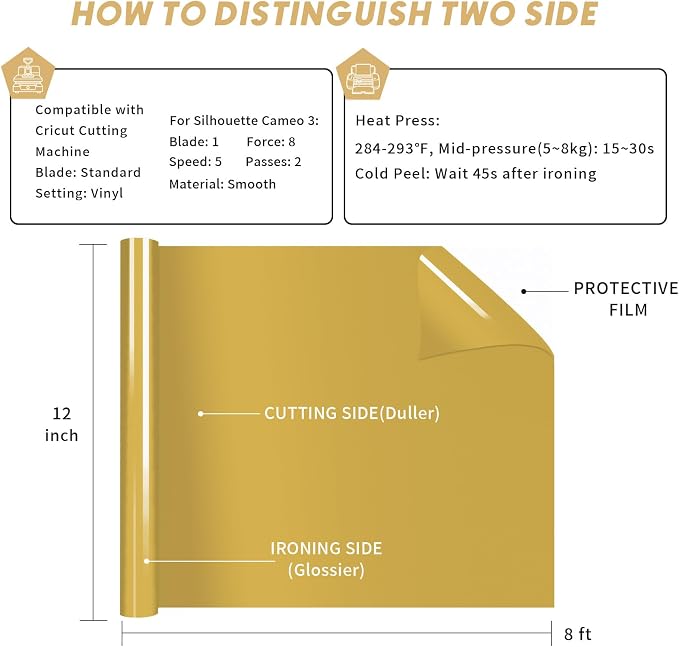 Gold HTV Iron on Vinyl Rolls, Silhouette or Heat Press Machine