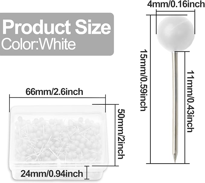 White Map Pins, 1/8 Inch, Round Ball Head | Map Tacks, Push Pins