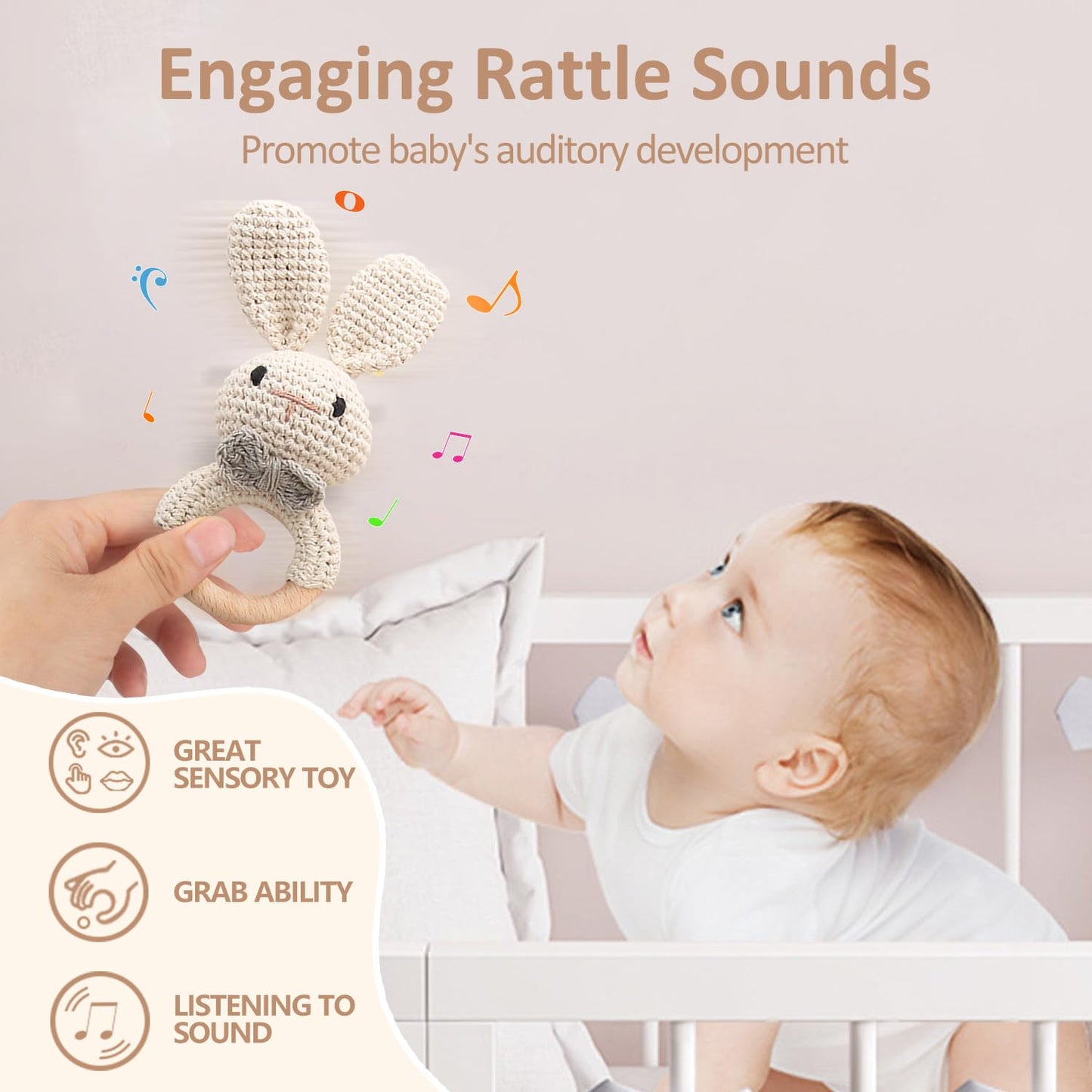 Wooden Baby Rattle, Handcrafted Crochet Bunny Rattles with Wooden Teething Ring, Beige Rabbit Newborn Toy Stuffed Animal Organic Rattle Baby Announcement Ideas Props