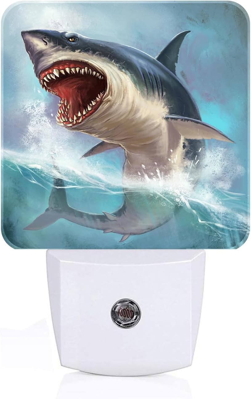 Great White Shark Night Light,Plug Into Wall for Boys Girls Bedroom Decorative Square Night Light Lamp 0.5w Sleep Friendly