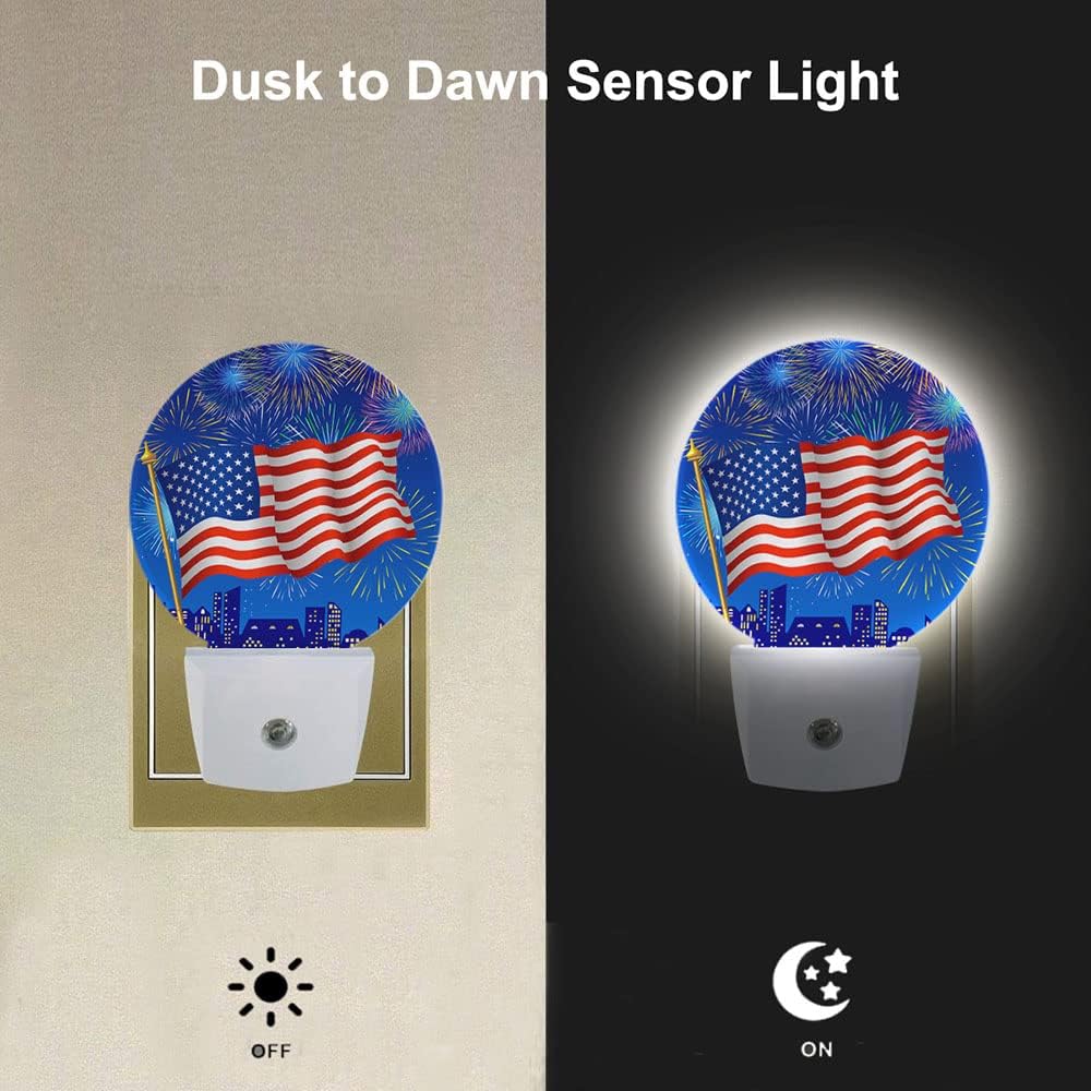 EKOBLA 4th of July Night Light American Flag Fireworks Patriotic Spirit Night Lights Plug into Wall Independence Day Plug-in Nightlights Auto on/Off Led Lamp for Men Women Girls Boys