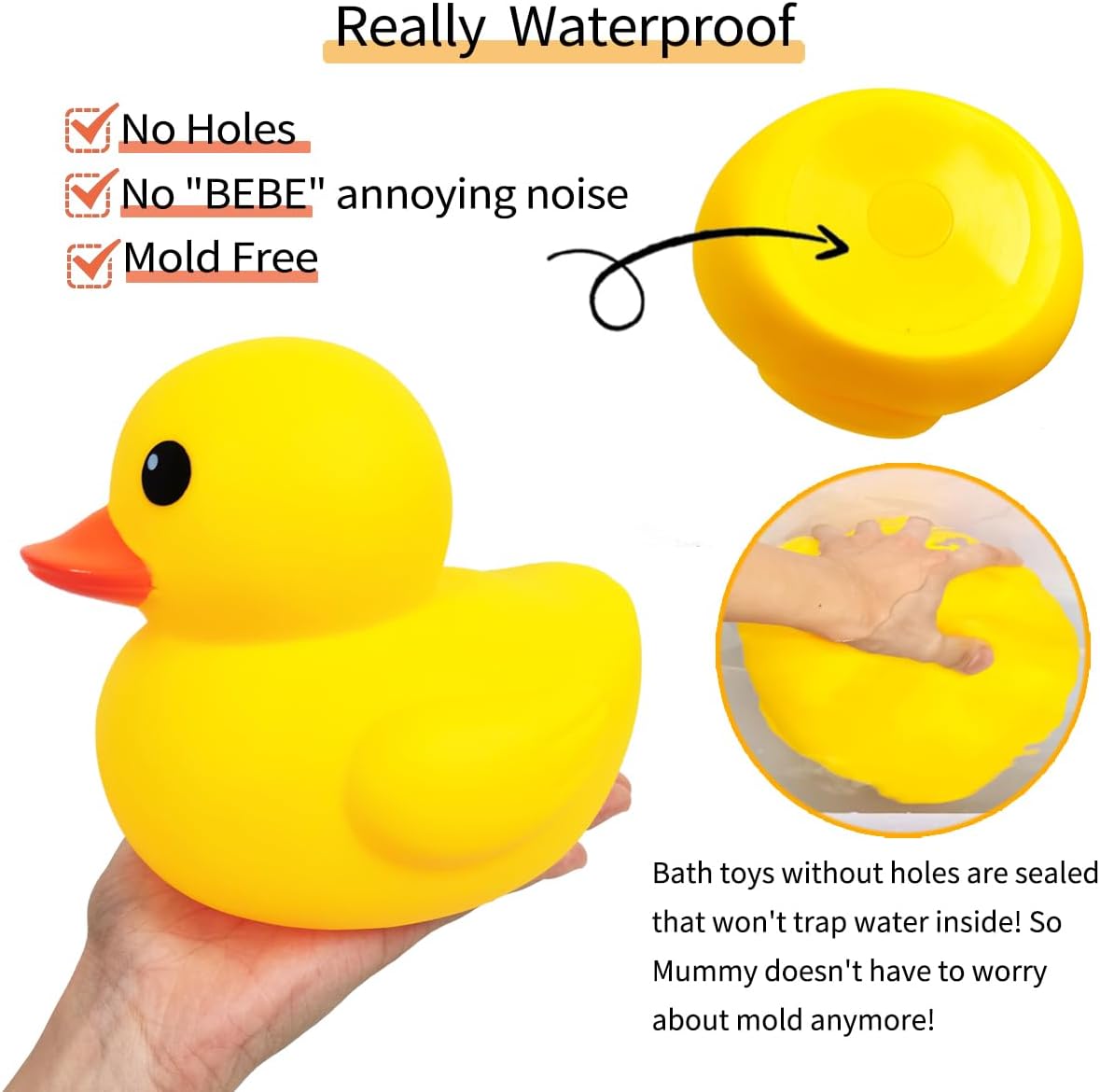 Big Rubber Yellow Duck,Kalafona 7 Inch Giant Large Waterproof No 'Bebe' Noise No Hole No Squeak Rubber Funny Duck Bath Pool Toy Without Hole for Kids Birthday Party Favor Home Decor