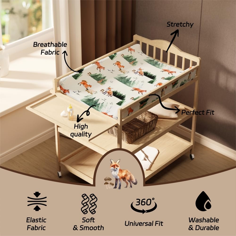 4 Pack Changing Pad Covers Woodland Forest Animals Wood Neutral Unisex Fitted Baby Changing Pad Cover Set for Baby Boys or Girls (Paint Fox)