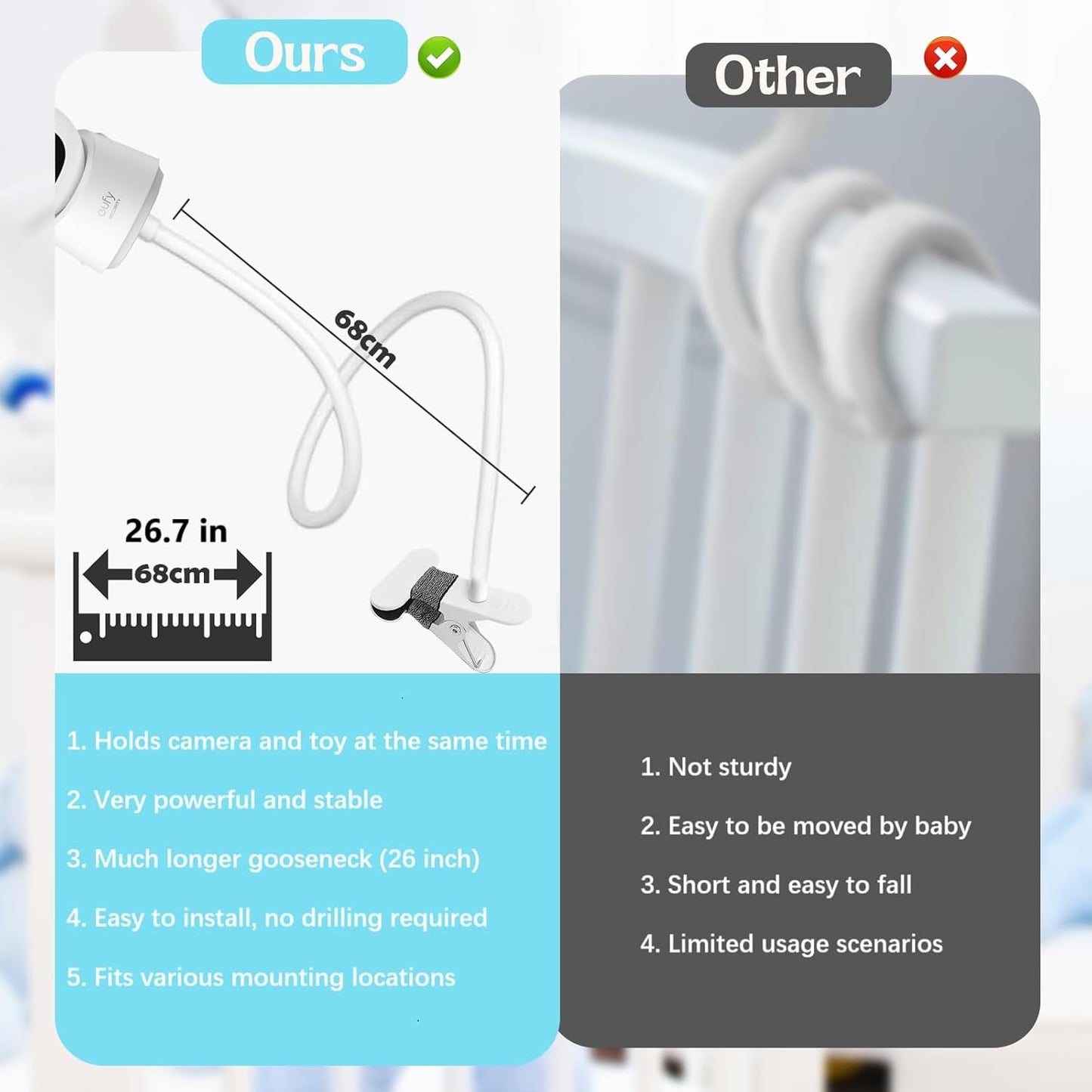 Gooseneck Baby Monitor Mount, 26 Inch Universal Camera Clip for Infant Optics DXR-8/8 Pro, Hellobaby/Momcozy/ANMEATE/Vtech/Motorola and Most Cameras with 1/4'' Screw or Flat Base