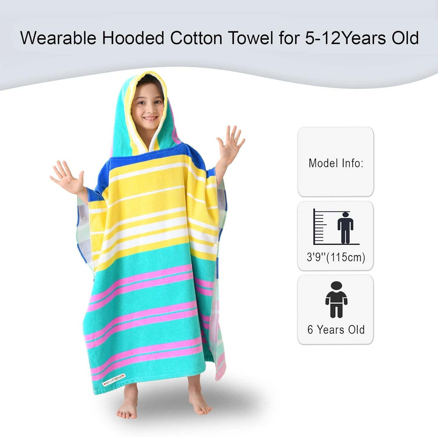 VOOVA & MOVAS Hooded Towels Poncho for Big Kids, Oversized (6-12Years,26"X64") Made from 100% Soft Cotton,Perfect for Swimming | Bathing | Beach | Birthday Gifts, Colorful Stripe