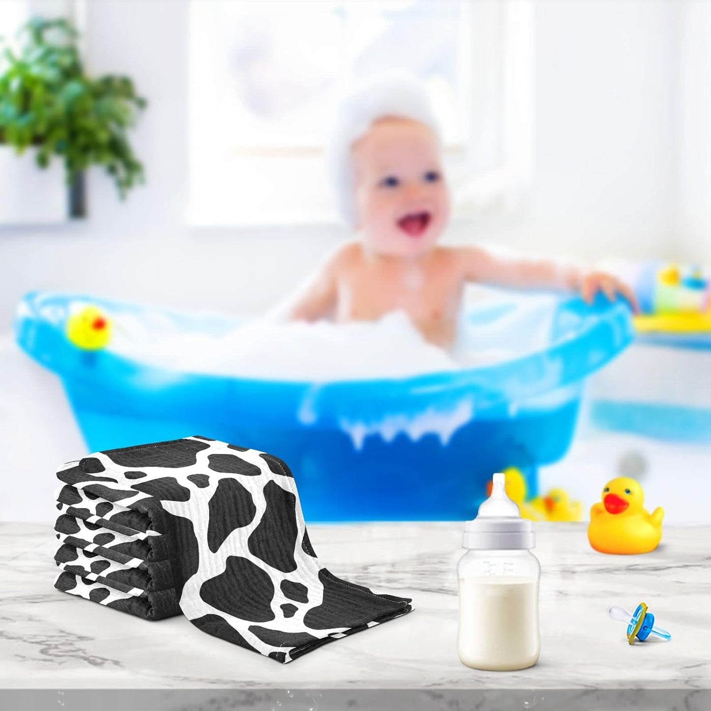 Black White Cow Print Baby Muslin Washcloths Cow Skin Burp Cloths Soft Absorbent Baby Wash Cloth Fingertip Face Towels for Newborn Boys Girls 12 x 12 in, 5 Pack