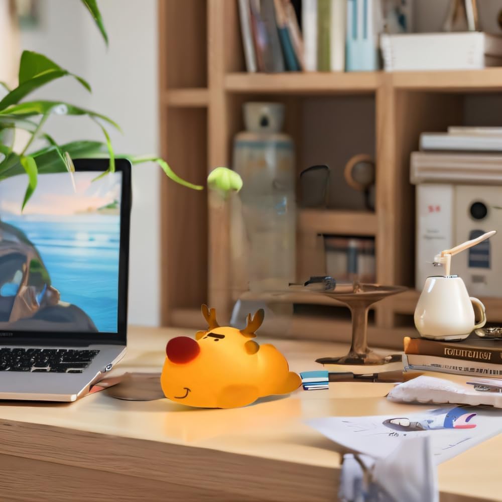 Eco-Friendly Reindeer Night Light - Energy Efficient LED Desk Lamp, Rechargerable Dimmable Nursery Soft Touch Bedside Baby Squishy Night Light, Portable Nightlight for Adults/Kids