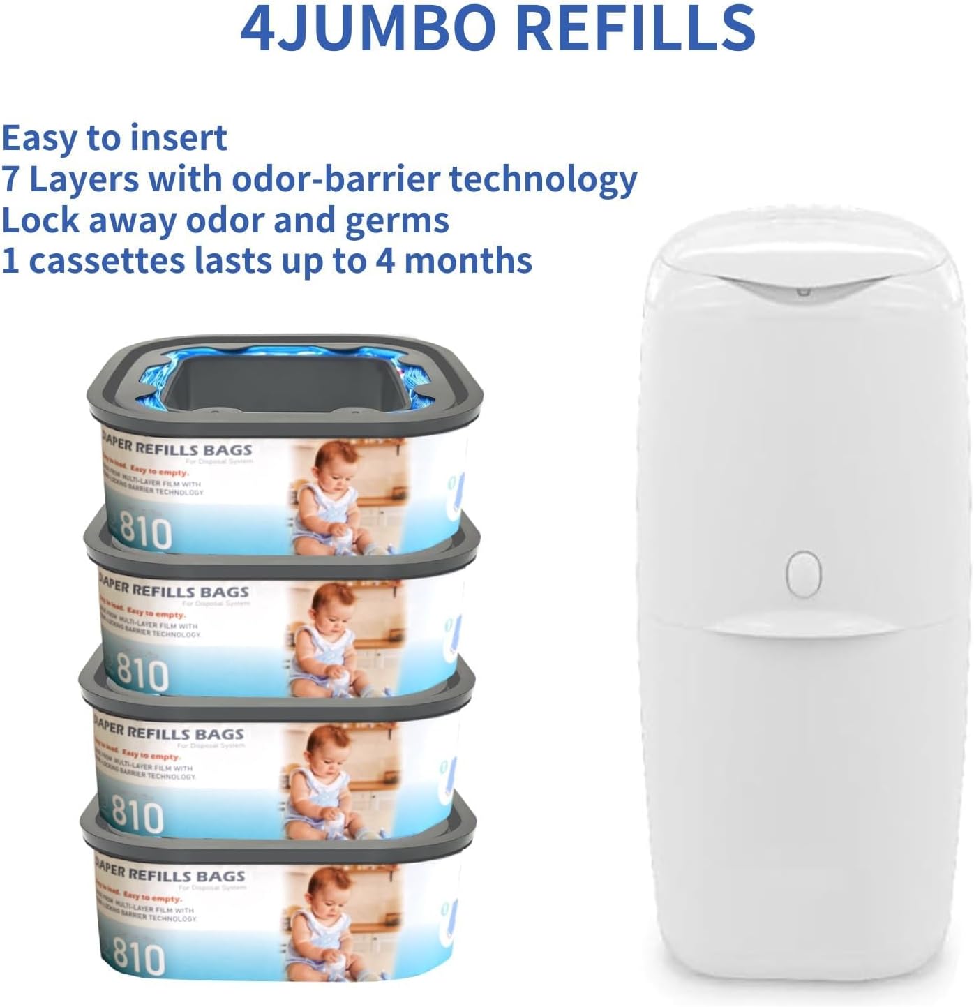 Jumbo Square Refills Disposal Bags Refill Compatible with Diaper Genie Compact and Select Pails(Not Fit Classic Version Pails),with Continuous Film,HoldUp to 810 Newborn-Sized Diapers Per Refill,4Pack