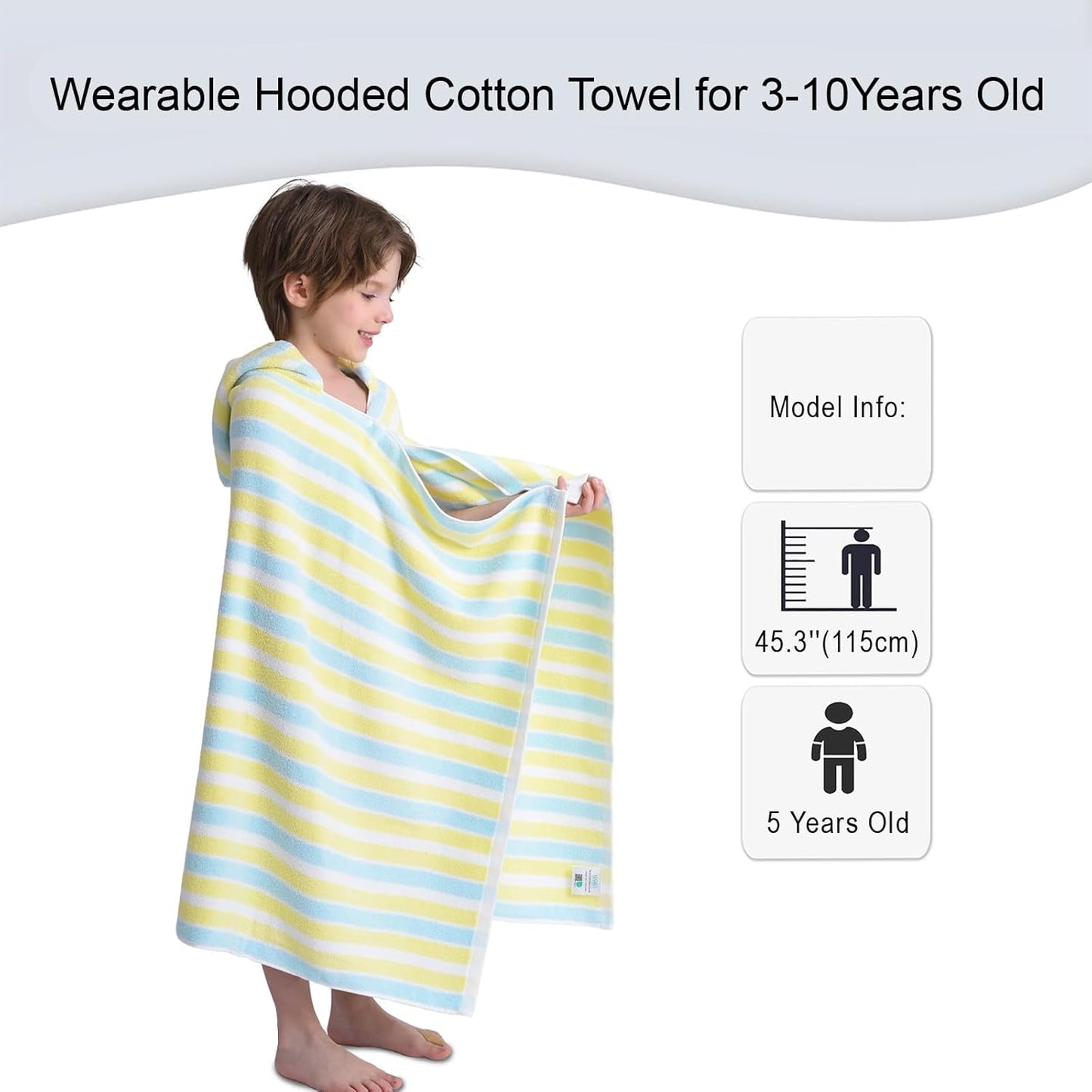 VOOVA & MOVAS Toddler Towels for Boys - 100% Cotton (3-10Years) - Quick Dry Absorbent Lightweigh Hooded Wrap Towel for Pool | Swim | Beach | Bath, Yellow Blue Stripe