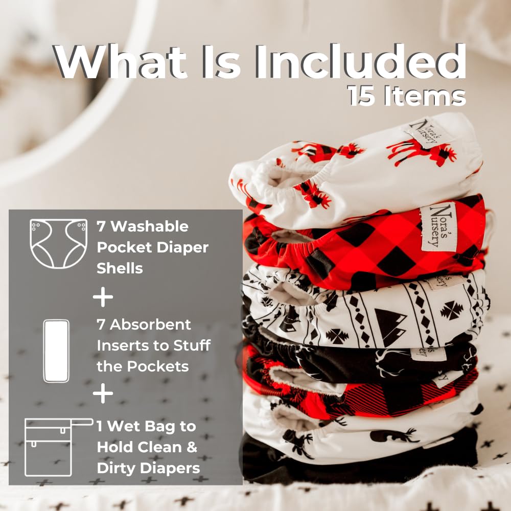 Nora's Nursery Cloth Diapers 7 Pack with 7 Inserts & 1 Wet Bag - Waterproof Cover, Washable, Reusable & One Size Adjustable Pocket Diapers for Newborns and Toddlers - Buffalo Plaid