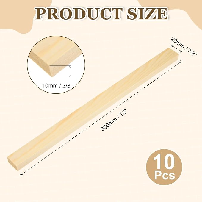 MECCANIXITY 10Pcs Wood Strips Slats, 3/8" x 7/8" x 12" Thin Wood Sticks Flat