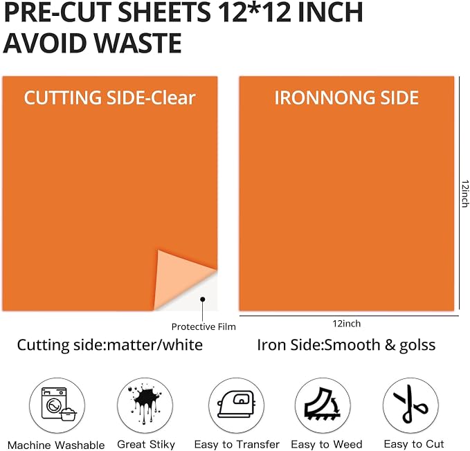 Dysania Orange Heat Transfer Vinyl, 10 Pack 12 x 12in Orange HTV Vinyl | Iron