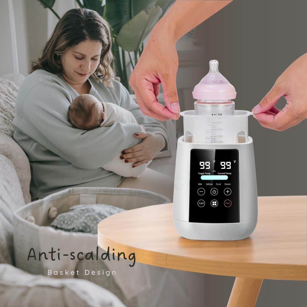 Baby Bottle Warmer, 3-in-1 Milk Warmer, Defrosts Frozen Breastmilk, LED Display, Night Light, Steam Sterilizer, Adjustable Temp, Perfect for Formula, Food Jars, Newborn Gift (White)