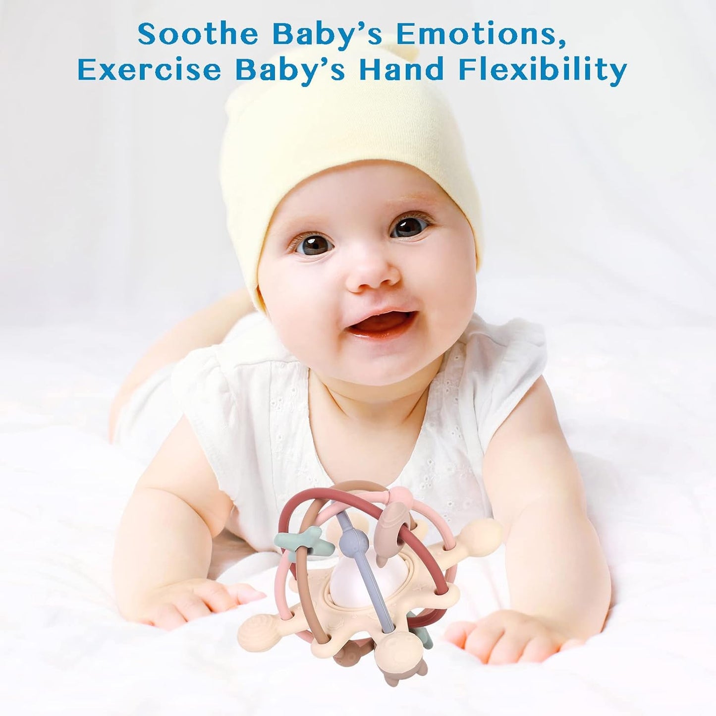 Baby Teether Toy for Babies 3 Months+, Silicone Baby Teething Toys, Rattle Sensory Teether Toy for Sore Gums, Baby Chew Toys for Sucking Needs, BPA Free, Milk White