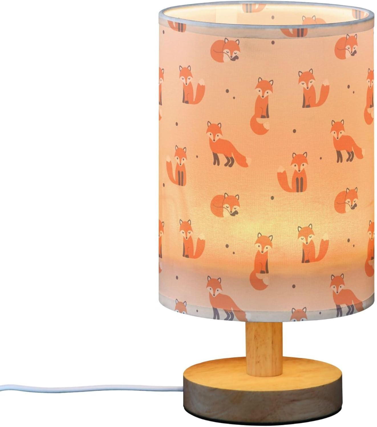 Table Lamp Cute Cartoon Fox with Dot Pattern on Beige Nightstand Lamp with Wood Base Fabric Lamp Shade Bedside Desk Lamp for Living Room Bedroom Kids Room Office