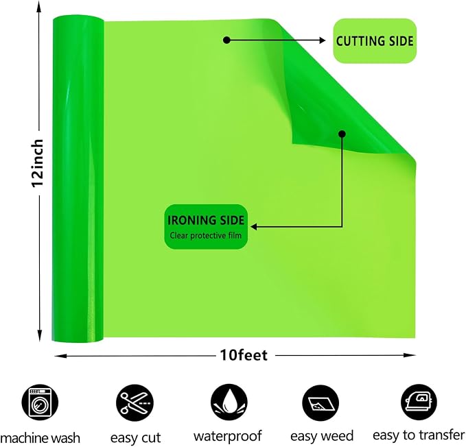 FUNKAKA Fluorescent Green HTV Heat Transfer Vinyl Rolls