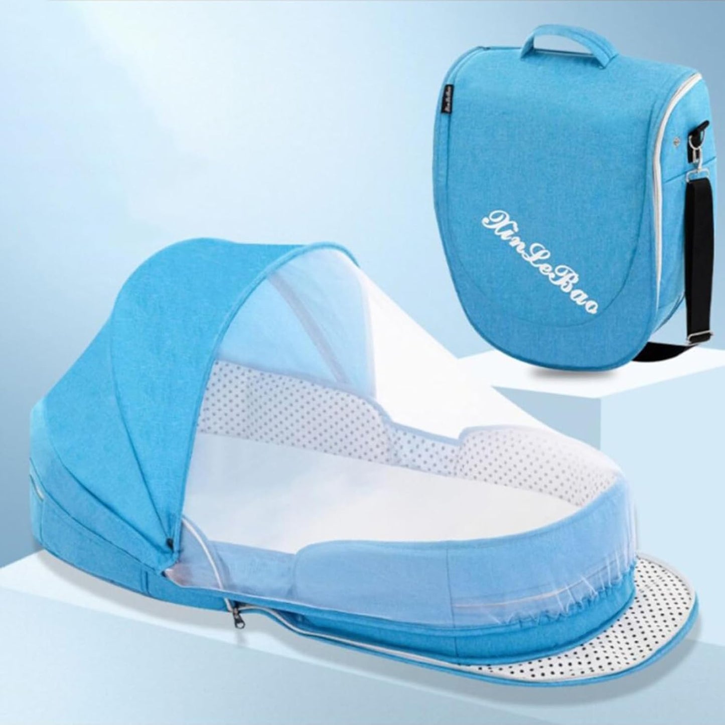 Folding Baby Travel Bassinet Portable Lightweight Travel Crib Baby Bed Co- Sleeper for Baby in Bed with Canopy and Mosquito Net (Blue, with Sunshade)