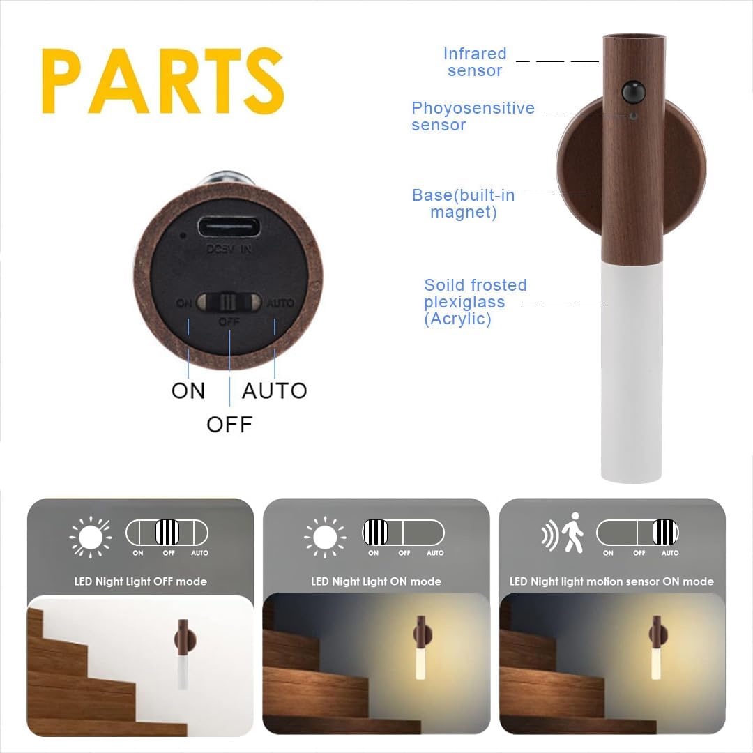 LANDGOO LED Nursery Night Light, Body Motion Sensor Nursing Lamp, Rechargeable Battery Powered Magnetic 360° Portable Lighting for Bedroom Bathroom, Walnut Wood 2Pcs