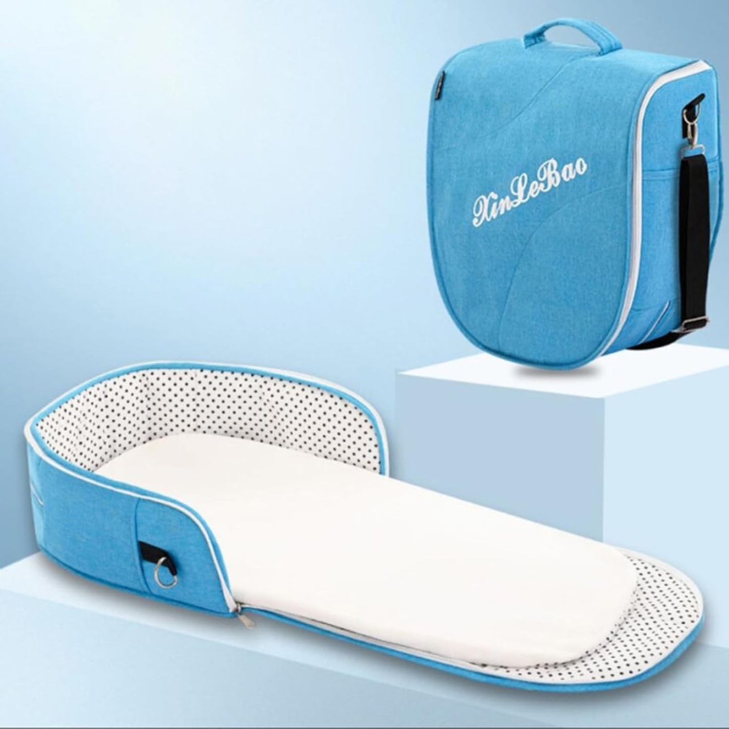 Folding Baby Travel Bassinet Portable Lightweight Travel Crib Baby Bed Co- Sleeper for Baby in Bed with Canopy and Mosquito Net (Blue, with Sunshade)