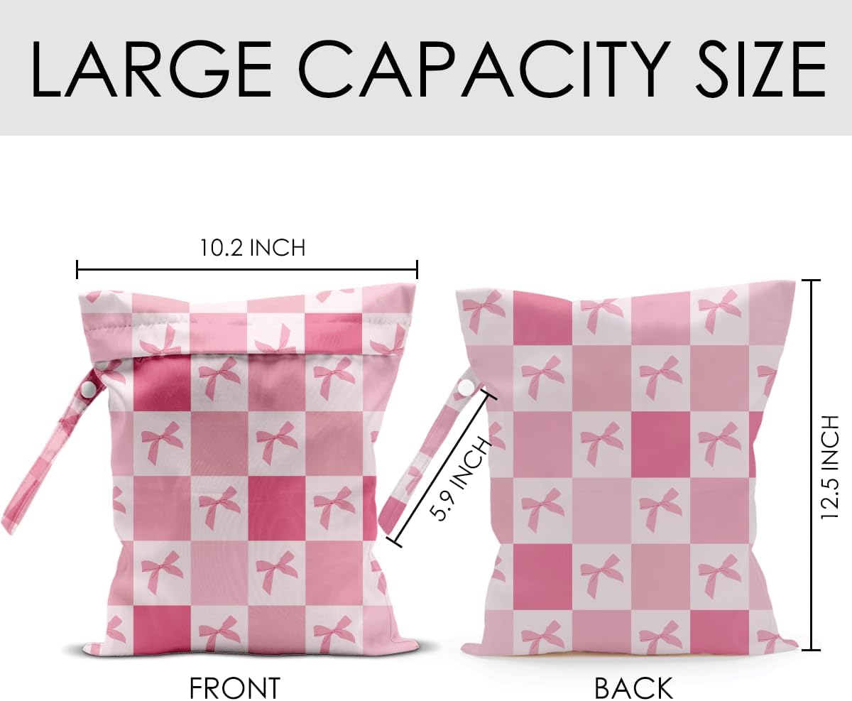 Wet Bag for Swimsuit Pool Travel Baby Cloth Diapers Dirty Yoga Gym Clothes Beach Bags Summer Gifts for Women Men Beach Vacation Essentials Pink Bow Checker Waterproof Wet Dry Bag Travel Laundry Bags