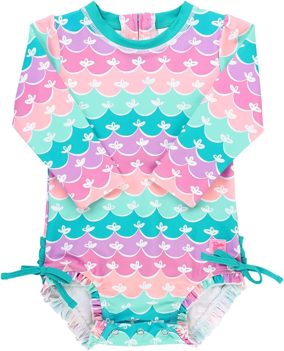 RuffleButts Baby Girls UPF 50+ Sun Protection Novelty Print Long Sleeve One Piece Rash Guard Swimsuit with Zipper