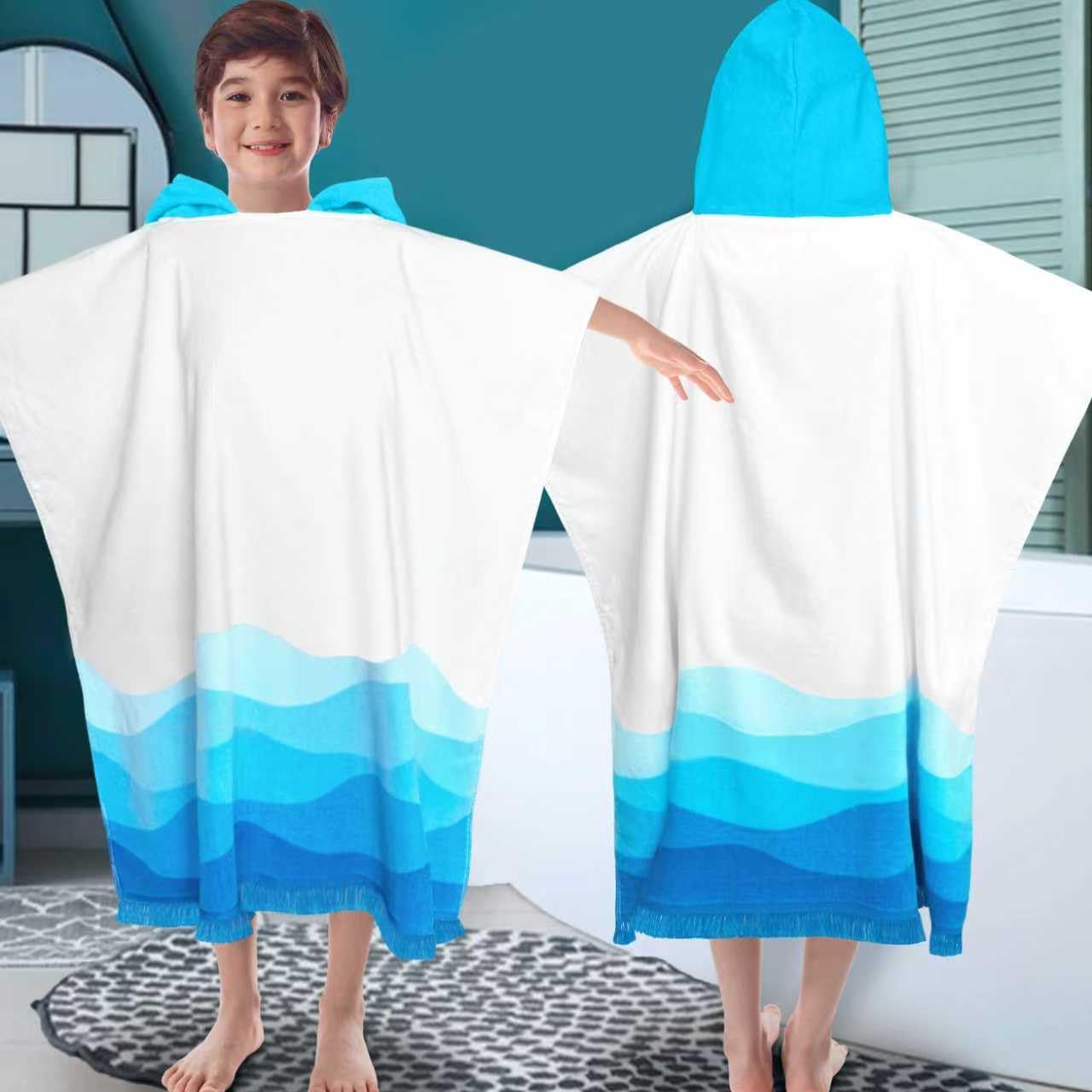VOOVA & MOVAS Hooded Bath Towel for Boys| Girl | Teens (8-16Years), 100% Cotton Thick Poncho Towel Robe for Big Kids, Perfect for Pool, Beach,Bathroom,Waves Tassels