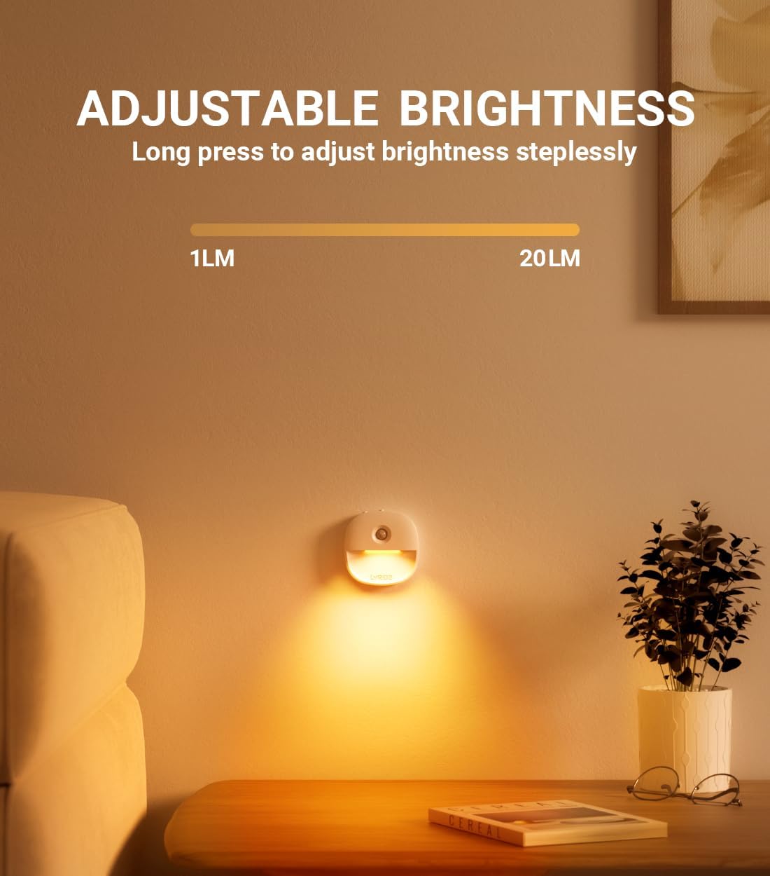 Lyridz Rechargeable Battery Night Light with Motion Sensor, Dimmable Amber Nightlights for Bathroom, Bedroom, Hallway, Stairs, Pet House, 3 Pack