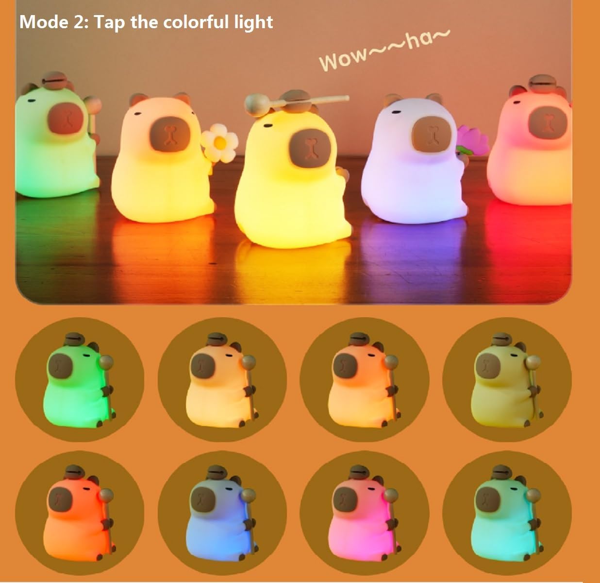 Capibara Night Light for Adults Kids,Cute Silicone Dimmable Animal Nightlight with 7 Colors,Rechargeable Bedside Touch Lamp for Christmas Gifts Toddler Baby Kids Kawaii Room Decor
